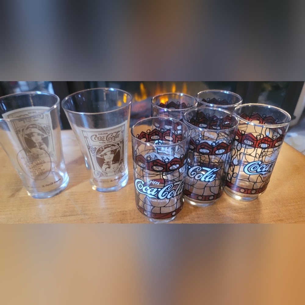 VINTAGE Coca-Cola Tiffany Style, Stained Glass Drinking Glasses/Tumblers 5(+2) - Picture 1 of 16